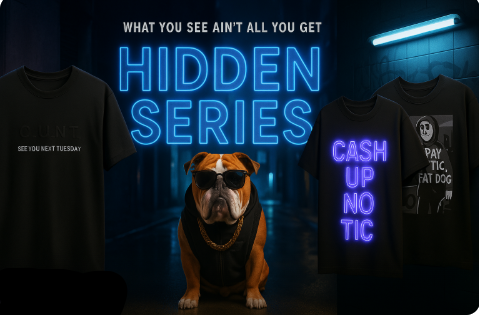 Neon signs and t-shirts with text in a dark setting, featuring a dog wearing sunglasses.